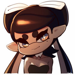 1girl bare_shoulders black_dress black_hair blue_eyes bow-shaped_hair breasts callie_(splatoon) callie_(squid_sisters_outfit)_(splatoon) cleavage collar commentary_request coula_cat cropped_torso cross-shaped_pupils detached_collar dot_nose dress half-closed_eyes head_tilt inkling large_ears light_smile long_hair looking_at_viewer medium_breasts mole mole_under_eye multicolored_eyes nintendo pointy_ears signature simple_background smile solo sparkling_eyes splatoon_(series) splatoon_1 strapless strapless_dress swept_bangs symbol-shaped_pupils tentacle_hair thick_eyebrows thick_eyelashes two-tone_eyes v-shaped_eyebrows white_background white_collar yellow_eyes