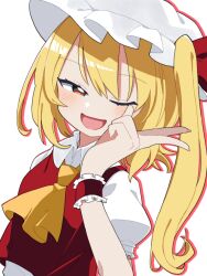 1girl ascot blonde_hair blush flandre_scarlet hat mob_cap one_eye_closed open_mouth red_eyes red_vest side_ponytail smile solo touhou upper_body vest white_background white_hat yamase yellow_ascot
