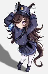 1girl :o absurdres animal_ears armband belt black_hair blue_archive blue_belt blue_boots blue_jacket blue_skirt boots buttons commentary cosplay double-breasted full_body gloves grey_background hair_over_one_eye highres hikari_(blue_archive) hikari_(blue_archive)_(cosplay) horse_ears horse_girl horse_tail iwami_manaka jacket long_hair long_sleeves looking_at_viewer miniskirt open_mouth pantyhose pleated_skirt pocotas purple_eyes rabbit_pose rice_shower_(umamusume) shadow simple_background skirt solo standing tail umamusume voice_actor_connection white_gloves white_pantyhose