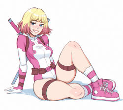 1girl arm_support belt blonde_hair blue_eyes breasts grin gwenpool knee_up leotard looking_at_viewer madogg marvel multicolored_hair pink_hair pink_leotard pink_shoes shoes short_hair smile solo superhero_costume sword teeth weapon