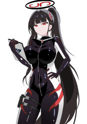 1girl absurdres black_bodysuit black_hair blue_archive bodysuit breasts closed_mouth hand_on_own_hip highres holding holding_tablet_pc large_breasts long_hair looking_at_viewer midang official_alternate_costume official_alternate_hairstyle ponytail red_eyes rio_(blue_archive) rio_(bodysuit)_(blue_archive) solo tablet_pc