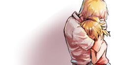 Rule 34 | 1boy, 1girl, black hairband, blonde hair, brother and sister, closed eyes, commentary, from side, hairband, hand on another&#039;s head, higurashi no naku koro ni, houjou satoko, houjou satoshi, hug, nuancho, red shirt, shirt, short hair, short sleeves, siblings, tears, white background, white shirt