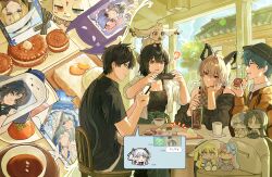 2boys 2girls ? abby_(wuthering_waves) absurdres ahoge black_hair black_hat black_horns black_shirt blue_hair brant_(wuthering_waves) breasts cellphone cleavage closed_eyes commentary_request cup curled_horns drinking_glass dual_persona eating female_rover_(wuthering_waves) food grey_hair hair_between_eyes hat highres holding holding_phone horns jinhsi_(wuthering_waves) korean_commentary long_hair low_ponytail male_rover_(wuthering_waves) multiple_boys multiple_girls nongxy_nonshi official_alternate_costume phoebe_(wuthering_waves) phone ponytail roccia_(wuthering_waves) rover_(wuthering_waves) shirt shorekeeper_(wuthering_waves) short_hair smartphone smile tacet_mark_(wuthering_waves) wuthering_waves yangyang_(wuthering_waves) zani_(wuthering_waves)