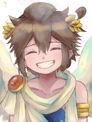 1boy ^_^ ahoge androgynous armlet blue_undershirt brown_hair closed_eyes collarbone gold_armlet grin highres jewelry kid_icarus kid_icarus_uprising laurel_crown male_focus nintendo pit_(kid_icarus) scarf simple_background single_bare_shoulder smile undershirt waffuum white_background white_scarf