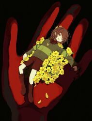 1other androgynous black_background brown_hair brown_shoes brown_shorts chara_(undertale) flower from_above green_sweater heart_pendant holding holding_knife in_palm jewelry kawar1117552 knife looking_at_viewer lying on_back other_focus out_of_frame pendant red_eyes shoes short_hair shorts simple_background size_difference sweater undertale uneven_eyes yellow_flower