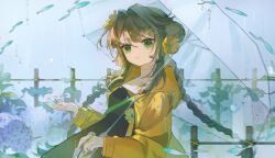 Rule 34 | 1girl, blue theme, braid, brown hair, flower, green eyes, hair flower, hair ornament, highres, holding, holding umbrella, hydrangea, long hair, original, plant, raincoat, requiem (requiem art), rope fence, transparent, transparent umbrella, twin braids, umbrella, very long hair, vines