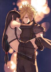 1boy 1girl armor armpit_crease arms_around_neck bare_shoulders belt belt_buckle black_gloves black_hair black_skirt black_sports_bra black_thighhighs blonde_hair blue_eyes blurry blurry_background breasts buckle carrying closed_mouth cloud_strife cowboy_shot crop_top elbow_gloves feet_out_of_frame final_fantasy final_fantasy_vii final_fantasy_vii_rebirth final_fantasy_vii_remake gloves highres large_breasts long_hair looking_at_another low-tied_long_hair miniskirt multiple_belts ooki1089 princess_carry red_eyes ribbed_sweater shoulder_armor skirt sleeveless sleeveless_turtleneck spiked_hair sports_bra suspender_skirt suspenders sweater tank_top thighhighs tifa_lockhart turtleneck turtleneck_sweater white_tank_top zettai_ryouiki