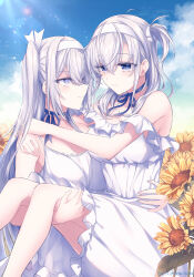 2girls alternate_costume blue_eyes blue_ribbon breasts carrying choker cleavage cloud dated day dress flower fuyutsuki_(kancolle) grey_eyes grey_hair hachimaki hair_between_eyes headband highres kabocha_torute kantai_collection large_breasts long_hair medium_breasts multiple_girls one_side_up outdoors princess_carry ribbon ribbon_choker sky sleeveless sleeveless_dress suzutsuki_(kancolle) twitter_username very_long_hair white_dress white_headband yellow_flower yuri