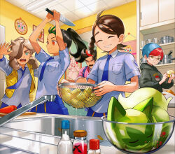 2boys 3girls alcremie alcremie_(strawberry_sweet) arven_(pokemon) bowl braid breast_pocket brown_hair carrot ceiling character_print closed_eyes commentary_request eyelashes faucet gen_1_pokemon gen_2_pokemon gen_8_pokemon glass_bowl grin highres holding holding_knife indoors jigglypuff juliana_(pokemon) knife multiple_boys multiple_girls necktie nemona_(pokemon) nintendo orange_mikan penny_(pokemon) pocket pokemon pokemon_(creature) pokemon_sv poster_(object) saguaro_(pokemon) shirt short_sleeves sieve smile sprigatito teeth togepi vest yellow_vest