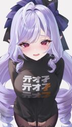 Rule 34 | 1girl, bbn 2212, belle (zenless zone zero), belle (zenless zone zero) (cosplay), black shirt, breasts, brown pantyhose, cosplay, cowboy shot, drill hair, hair ornament, hashtag-only commentary, highres, large breasts, light blush, long hair, long sleeves, mole, mole under eye, open mouth, pantyhose, pointy ears, print shirt, purple hair, red eyes, shirt, shirt tug, simple background, solo, sweat, twin drills, vivian banshee, white background, zenless zone zero