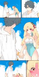 1boy 1girl ^^^ azumi_(myameco) black_hair blonde_hair blue_eyes blue_sky blush breasts cloud commentary_request day embarrassed ereshkigal_(fate) fate/grand_order fate_(series) fujimaru_ritsuka_(male) hair_ribbon heart heart-shaped_pupils holding_hands jacket long_hair looking_at_another medium_breasts one-piece_swimsuit outdoors red_eyes red_ribbon ribbon short_hair sky space_ereshkigal_(fate) space_ereshkigal_(first_ascension)_(fate) swimsuit symbol-shaped_pupils tiara white_jacket