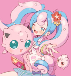 1girl blue_skirt blush cardigan cellphone creatures_(company) earrings fairy_miku_(project_voltage) flower game_freak gen_1_pokemon gen_2_pokemon hair_flower hair_ornament hatsune_miku hayashidadesu igglybuff jewelry jigglypuff long_hair looking_at_viewer multicolored_hair nail_polish nintendo one_eye_closed open_mouth phone pink_background pink_cardigan pink_theme pokemon pokemon_(creature) project_voltage scrunchie skirt twintails two-tone_hair v very_long_hair vocaloid wrist_scrunchie