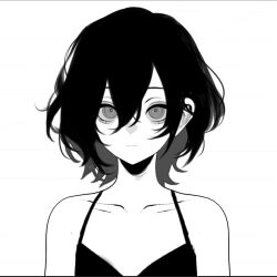 Rule 34 | 1girl, 23i2ko, aegyo sal, black hair, black tank top, commentary, constricted pupils, double-parted bangs, english commentary, greyscale, hair between eyes, light frown, looking at viewer, medium hair, monochrome, original, simple background, solo, tank top, upper body, white background