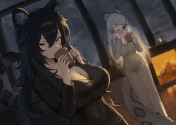 2girls :d ^_^ absurdres ammak animal_ears arknights black_dress black_hair blue_eyes breasts cleavage closed_eyes commentary covered_navel cup dress drinking fireplace grey_sky hair_between_eyes highres holding holding_cup huge_breasts indoors lantern large_breasts leopard_tail long_hair mug multiple_girls night open_mouth original pramanix_(arknights) rain sky smile tail white_hair window