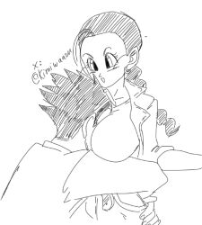 1boy 1girl black_hair breasts couple dragon_ball dragon_ball_gt face_to_breasts happy highres hug husband_and_wife kimiwaaru large_breasts sketch smile son_gohan tagme videl white_background