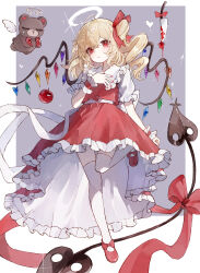 1girl absurdres apple blonde_hair bow broken_heart collared_shirt commentary crystal crystal_wings flandre_scarlet food frilled_shirt_collar frilled_skirt frills fruit full_body hair_bow halo heart highres knife laevatein_(touhou) leg_up looking_at_viewer multicolored_wings one_side_up red_bow red_eyes red_nails red_shoes red_skirt red_vest shirt shoes skirt skirt_set solo stuffed_animal stuffed_toy symbol-only_commentary teddy_bear thighhighs touhou vest white_shirt white_thighhighs wings wrist_cuffs yuuneka