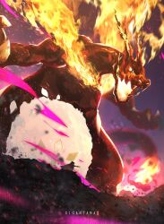animal_focus aura charizard commentary_request creatures_(company) dragon fire flame-tipped_tail game_freak gen_1_pokemon gigantamax gigantamax_charizard glowing glowing_eyes glowing_mouth highres nintendo no_humans open_mouth otsumami_(bu-bu-heaven) pokemon pokemon_(creature) pokemon_focus solo v-shaped_eyes