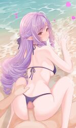 1boy 1girl ahoge beach bikini breasts censored commentary_request feet_out_of_frame from_behind grabbing_from_behind heart hetero highres imminent_penetration long_hair medium_breasts mosaic_censoring outdoors paid_reward_available penis pointy_ears purple_bikini purple_eyes red_eyes sitting swimsuit very_long_hair vivian_banshee wariza water welo zenless_zone_zero