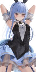 1girl :/ animal_ear_hairband animal_ears armpits arms_behind_head bare_shoulders black_leotard black_necktie blue_garter_straps blue_hair blue_skirt blunt_bangs blush breasts carrot_pin center_frills commentary detached_collar detached_sleeves fake_animal_ears frilled_sleeves frills hairband highres hololive leotard long_hair looking_at_viewer mashiro_chun necktie official_alternate_costume puffy_detached_sleeves puffy_sleeves rabbit_ear_hairband rabbit_ears red_eyes see-through_skirt_layer short_eyebrows short_necktie short_sleeves simple_background skirt skirt_under_leotard leotard small_breasts solo symbol-only_commentary thighs usada_pekora usada_pekora_(furi_furi_bunny_dress) very_long_hair virtual_youtuber white_background