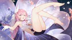 1girl absurdres bare_legs barefoot black_shorts breasts bubble commentary_request corset diamond-shaped_pupils diamond_(shape) elysia_(herrscher_of_human:_ego)_(honkai_impact) elysia_(honkai_impact) feet fish flying_fish highres honkai_(series) honkai_impact_3rd large_breasts legs long_hair pink_hair salmon short_shorts shorts soles solo symbol-shaped_pupils toes veil very_long_hair white_corset white_veil yinglemao