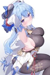 1girl alternate_breast_size armpits arms_behind_head ass bdsm bell blue_hair blush bodystocking bondage bound bound_wrists breasts commentary_request cowbell detached_sleeves from_above from_side ganyu_(genshin_impact) genshin_impact gloves goat_horns highres horns large_breasts long_hair looking_at_viewer looking_to_the_side neck_bell pekokota purple_eyes purple_gloves restrained shadow sideboob simple_background sitting solo vision_(genshin_impact) white_background