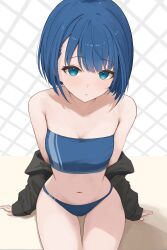 1girl bandeau bare_shoulders bikini black_jacket blue_bikini blue_eyes blue_hair blush breasts chain-link_fence cleavage collarbone cowboy_shot fence highres jacket kiritani_haruka kunizaki long_sleeves looking_at_viewer navel off_shoulder open_clothes open_jacket parted_lips project_sekai short_hair sitting small_breasts solo stomach strapless strapless_bikini swimsuit thigh_gap thighs