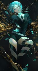 1other absurdres aqua_hair belt black_background black_shirt black_shorts buri_(retty9349) commentary eyelashes grey_eyes highres houseki_no_kuni other_focus phosphophyllite shirt short_hair shorts
