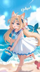 1girl absurdres aki_hoshino animal_ears artist_name barefoot beach blonde_hair blue_collar blue_eyes blue_hair blue_ribbon blue_sailor_collar breast_pocket bucket cat_ears cloud collar crab dress fins fish_girl fish_hair_ornament fish_tail frilled_shirt_collar frills hair_ornament hair_ribbon highres holding holding_bucket indie_virtual_youtuber lighthouse long_hair multicolored_hair open_mouth pocket ribbon sailor_collar sameko_saba shell sky smile streaked_hair tail twintails virtual_youtuber white_dress