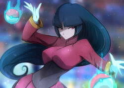 Rule 34 | 1girl, blunt bangs, blurry, blurry background, bodysuit, bodysuit under clothes, breasts, gloves, highres, hime cut, long hair, long sleeves, looking at viewer, nintendo, omiza somi, poke ball, pokemon, pokemon frlg, puffy long sleeves, puffy sleeves, red eyes, red skirt, sabrina (pokemon), skirt, solo, white gloves