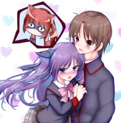 Rule 34 | 1boy, 2girls, ahoge, animal ear fluff, animal ears, black eyes, black jacket, blue eyes, blue ribbon, blush, bow, brown hair, cat ears, chibi, chibi inset, commentary request, eyes visible through hair, fang, floating hair, frilled ribbon, frills, gattengou, grey skirt, hair between eyes, hair ribbon, hand on another&#039;s chest, heart, heart background, hetero, highres, hug, jacket, jealous, little busters!, little busters! school uniform, long hair, long sleeves, looking at another, looking at viewer, lovestruck, miniskirt, multiple girls, naoe riki, natsume rin, nose blush, open mouth, pink bow, plaid clothes, plaid skirt, pleated skirt, ponytail, purple hair, ribbon, sasasegawa sasami, school uniform, shaded face, short hair, shy, simple background, skirt, speech bubble, two side up, v-shaped eyebrows, very long hair, wide-eyed