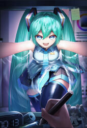 1girl 1other aqua_hair aqua_necktie black_skirt blue_eyes breasts clock collared_shirt hair_between_eyes hair_ornament hatsune_miku headphones highres holding holding_pen medium_breasts necktie open_mouth pen pleated_skirt shirt skirt sleeveless sleeveless_shirt smile thighhighs vocaloid white_shirt xmxing zettai_ryouiki