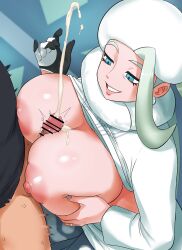 1boy 1girl absurdres bar_censor blonde_hair blue_eyes blue_nails breasts censored clothed_sex clothes_lift commentary cum ejaculation gloves grin hat highres i_b_(yaun2242) large_breasts mature_female melony_(pokemon) nintendo paizuri penis pokemon pokemon_swsh projectile_cum single_glove smile white_hat