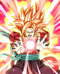 absurdres bare_pectorals biceps big_bang_kamehameha body_fur dbkenkyuusei dragon_ball dragon_ball_heroes fusion fusion_dance gogeta gogeta_(xeno) highres huge_filesize incoming_attack kaiouken kamehameha_(dragon_ball) male_focus metamoran_vest monkey_boy monkey_tail no_nipples pants pectorals red_fur solo spiked_hair super_saiyan super_saiyan_3 super_saiyan_4 tail