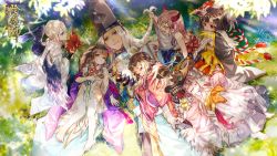 3girls 4boys :o abe_no_seimei_(onmyoji) aged_down bare_shoulders barefoot beads between_legs black_hair blonde_hair blue_eyes bow bracer bridal_gauntlets brown_hair closed_eyes closed_mouth eyeliner feathered_wings feathers flower gauntlets grass green_eyes hair_between_eyes hair_flower hair_ornament hand_between_legs hand_on_another&#039;s_head hat head_on_another&#039;s_shoulder headpiece highres hikimayu holding holding_another&#039;s_hair holding_mask horns hug itsumade_(onmyoji) japanese_clothes jewelry kaguya_(onmyoji) kanzashi kimono leaf light_brown_hair light_rays logo long_hair long_sleeves looking_at_another looking_at_viewer lying lying_on_person makeup mask mask_on_head unworn_mask menreiki monster_girl multiple_boys multiple_girls nine-year obi official_art on_back on_stomach onmyoji onmyouji open_mouth outdoors outstretched_arms parted_lips pink_bow pink_flower prayer_beads print_kimono purple_bow red_eyes red_skirt ribbon ribbon-trimmed_clothes ribbon-trimmed_sleeves ribbon_trim ring saishi sash seiza short_hair sitting skirt sleeping sleeping_on_person smile spread_arms tassel tate_eboshi tengu tengu_mask traditional_youkai very_long_hair white_hair wide_sleeves winged_arms wings yamakaze_(onmyoji) yasha_(onmyoji) yellow_eyes