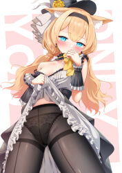 1girl animal_ear_fluff animal_ears aqua_eyes black_bra black_headband black_panties black_pantyhose blue_archive blush bra c.u.wa clothes_lift commentary_request dress dress_lift flower hand_to_own_mouth hat hat_flower headband highres idol_clothes lace lace_panties lifting_own_clothes long_hair low_twintails mari_(blue_archive) mari_(idol)_(blue_archive) orange_hair panties panties_under_pantyhose pantyhose solo strap_slip top_hat twintails underwear yellow_flower