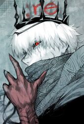 1boy black_crown black_sclera black_shirt colored_sclera crown english_text green_background green_scarf hand_up highres kaneki_ken looking_at_viewer male_focus red_eyes scarf shaded_face shadow shirt short_hair solo stfr_(stfr_kaz) tokyo_ghoul tokyo_ghoul:re white_hair