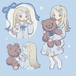 Rule 34 | 1girl, barefoot, blonde hair, blue background, blue ribbon, blush, brushing teeth, colored eyelashes, commentary, cup, dress, flipped hair, gakuen idolmaster, holding, holding cup, holding toothbrush, hugging doll, hugging object, idolmaster, long hair, long sleeves, mill gyu, mug, multiple views, neck ribbon, orange eyes, ribbon, shinosawa hiro, sleepwear, smile, star (symbol), stuffed animal, stuffed toy, swept bangs, symbol-only commentary, teddy bear, toothbrush, very long hair, white dress