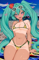 1girl ark_evil02 beach bikini brazilian_miku brazilian_miku_(cosplay) cosplay hatsune_miku highres swimsuit tan tanline