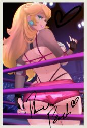 Rule 34 | 1girl, absurdres, ass, black gloves, blonde hair, blue eyes, blysill, border, cowboy shot, fingerless gloves, from behind, gloves, heart, highres, indoors, long hair, looking at viewer, looking back, mario (series), nintendo, photo (object), pink shorts, princess peach, revealing clothes, shorts, signature, solo focus, white border, wrestling outfit, wrestling ring