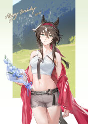 1girl alternate_costume alternate_hairstyle animal_ears arknights bare_shoulders belt black_flower blue_flower bouquet braid breasts brown_hair brown_shorts collarbone commentary cowboy_shot crop_top dated english_commentary flower flower_ornament green_eyes hairband happy_birthday highres holding holding_bouquet horse_ears horse_girl horse_tail hug_(yourhug) jacket long_hair looking_at_viewer medium_breasts meteor_(arknights) midriff navel outside_border parted_lips red_hairband red_jacket shirt short_shorts shorts sidelocks smile solo standing stomach tail tassel teeth thighs white_shirt