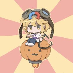 1other androgynous belt_buckle black_wings blonde_hair blue_pants brown_headwear buckle chibi closed_mouth collared_shirt expressionless fire goggles goggles_on_headwear helmet highres holding holding_whip jeto_(jetopyon) len&#039;en magnet outstretched_arm pants puffy_short_sleeves puffy_sleeves pumpkin purple_vest red_background rocket shirt short_hair short_sleeves star_(symbol) star_print two-tone_background umatachi_tsugumi vest white_footwear white_shirt wings yellow_background yellow_eyes