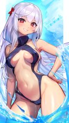 1girl black_one-piece_swimsuit breasts cameltoe center_opening commission commissioner_name flower hair_between_eyes hair_flower hair_ornament hand_on_own_hip highres long_hair looking_at_viewer maxine_poshon medium_breasts navel one-piece_swimsuit original r123 red_eyes skeb_commission smile solo standing stomach swimsuit teeth thank_you turtleneck turtleneck_one-piece_swimsuit very_long_hair water white_hair