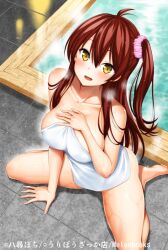 1girl antenna_hair artist_name barefoot blush breasts brown_hair cleavage collarbone commentary_request copyright_notice hair_between_eyes hair_ornament hair_scrunchie hand_on_own_chest indoors large_breasts long_hair looking_at_viewer naked_towel on_floor one_side_up onsen open_mouth original pink_scrunchie scrunchie seiza sitting smile solo towel water wet yahiro_pochi yellow_eyes
