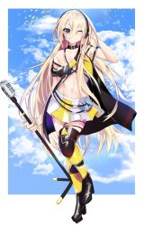 1girl belt black_belt black_boots black_shirt blonde_hair blue_eyes blue_sky boots border breasts cd cherrymaru closed_mouth cloud collarbone flapper_shirt headphones highres holding holding_microphone_stand lily_(vocaloid) long_hair looking_at_viewer medium_breasts microphone_stand midriff navel one_eye_closed shirt skirt sky smile solo thigh_boots very_long_hair vocaloid white_border yellow_nails