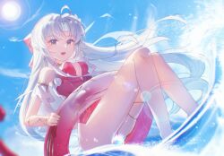 Rule 34 | 1girl, ahoge, aqua eyes, bare legs, bare shoulders, blue sky, breasts, carlotta (splashing summer) (wuthering waves), carlotta (wuthering waves), commentary request, day, earrings, from below, highres, jewelry, legs, long hair, looking at viewer, msyg2258, official alternate costume, one-piece swimsuit, open mouth, outdoors, parted bangs, pink one-piece swimsuit, sky, small breasts, smile, solo, sun, swim ring, swimsuit, thighs, white hair, wuthering waves