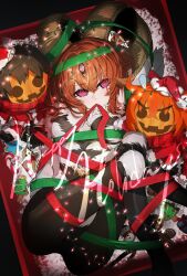 1girl @_@ black_bodysuit black_fur body_fur bodysuit bound bound_legs box breasts candy candy_cane christmas_lights cookie cosplay dark_young_(fate) dark_young_(fate)_(cosplay) fate/grand_order fate_(series) feet_out_of_frame fingernails food fujimaru_ritsuka_(female) fujimaru_ritsuka_(male) fur-trimmed_pants fur-trimmed_shirt fur-trimmed_sleeves fur_trim galibo gingerbread_man goat_horns green_ribbon hair_between_eyes happy_holidays hat highres horns in_box in_container knees_up large_horns long_sleeves looking_at_viewer lying medium_breasts medium_hair mouth_hold on_back pants pointy_ears pumpkin red_hat red_pants red_ribbon red_scarf red_shirt ribbon ribbon_bondage santa_costume santa_hat scarf sharp_fingernails shirt snow solo third_eye v-shaped_eyebrows very_long_fingernails white_fur