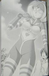 1boy 1girl alien breasts comic jeanne medium_breasts monochrome superhero_costume tsuburaya_productions ultra_series