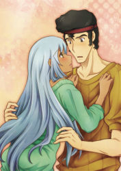 1boy 1girl black_eyes black_hair blush code_geass couple dark_skin headband long_hair ohgi_kaname short_hair silver_hair sweater uzura_(suzukane) villetta_nu yellow_eyes