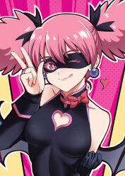 1girl absurdres black_hair black_mask black_ribbon black_sleeves black_wings boku_no_hero_academia border bow bowtie breasts chromatic_aberration closed_mouth clothing_cutout commentary demon_wings earrings english_commentary eye_mask hair_ribbon haneyama_kazuho heart_cutout highres jewelry large_breasts looking_at_viewer one_eye_closed pink_background pink_bow pink_bowtie pink_eyes pink_hair pink_lips ribbon ring sawwei005 smile solo tongue tongue_out twintails vigilante_-boku_no_hero_academia:_illegals- w white_border wings yellow_background