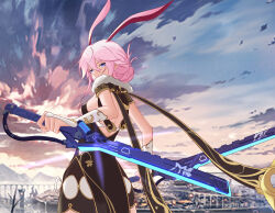 1girl absurdres animal_ears blue_sky breasts brown_dress china_dress chinese_clothes city cloud cloudy_sky dress dry1115769981 dual_wielding fox_ears hair_bun highres holding holding_sword holding_weapon honkai_(series) honkai_impact_3rd katana large_breasts looking_at_viewer looking_back ninja outdoors pink_hair purple_eyes reverse_grip sideboob sky sword weapon yae_kasumi yae_kasumi_(peach_sanctuary) yae_sakura